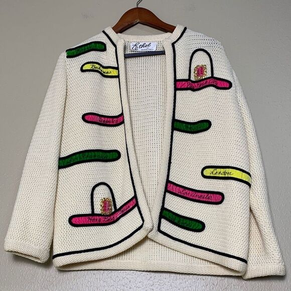 Ethel of Beverly Hills Sweaters - Vintage Ethel of Beverly Hills Wool Sweater Cardigan Novelty Travel C.1960 SZ M